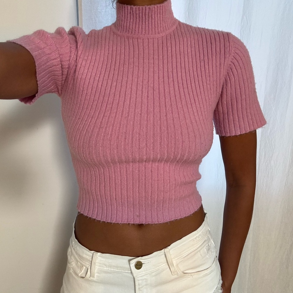 STAUD Pink Ribbed Crop Top Short Sleeve